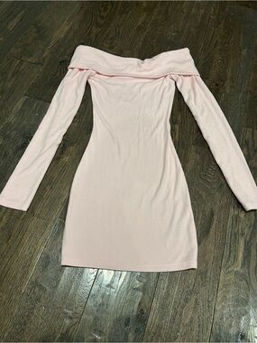 Off-Shoulder Long Sleeve Baby Pink Bodycon Dress- XXS